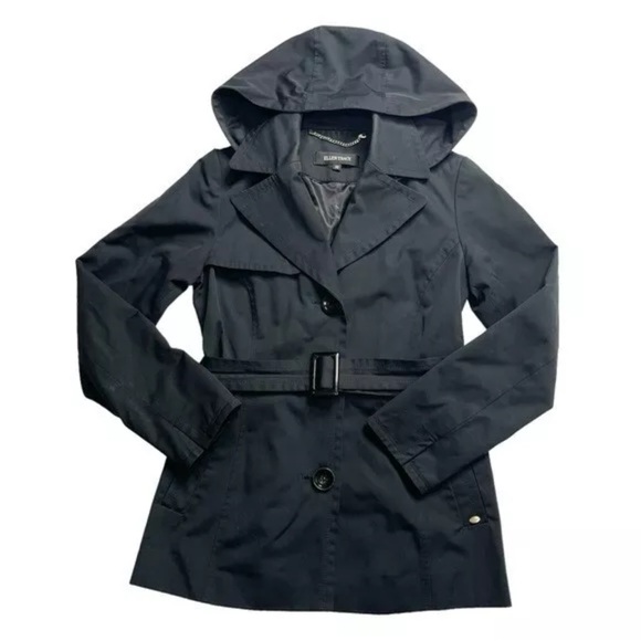 Ellen Tracy Jackets & Blazers - Ellen Tracy Black Raincoat Button Front Belted Petites M Removable
Hood